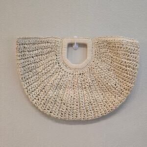 Ramla Woven Crochet Raffia Half Moon Bag - light tan